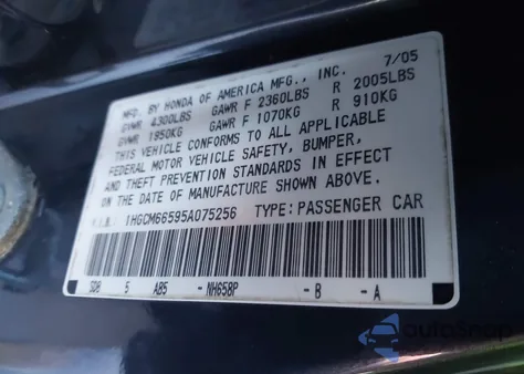 2005 Honda Accord 3.0 Ex z USA, uszkodzony, nr VIN 1HGCM66595A075256